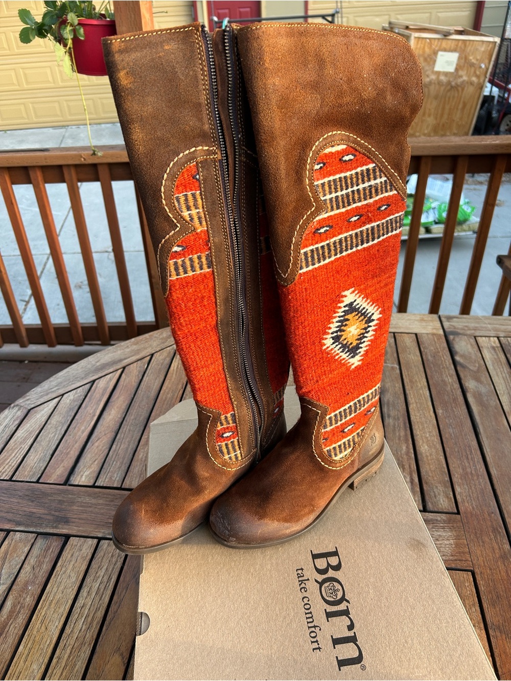NWT Born Brown Leather Boots with Orange Southwestern Panels Lucero Boots